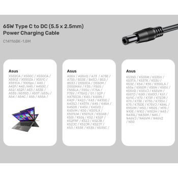 KABEL ZASILAJĄCY C14116BK-1.8M DC JACK 5.5 X 2.5 MM / USB-C 1.8 m UNITEK