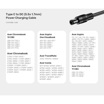 KABEL ZASILAJĄCY C14119BK-1.8M DC Jack 5.5 x 1.7 mm / USB-C 1.8 m UNITEK
